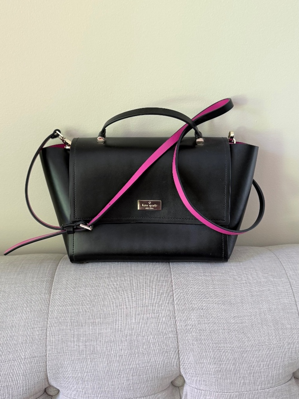 Kate Spade New York Satchel Black Leather Pink Trim Crossbody